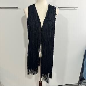 Ella Moss Size Small Black Chic Fringe Vest Jacket Boho eclectic Emo Goth Granny